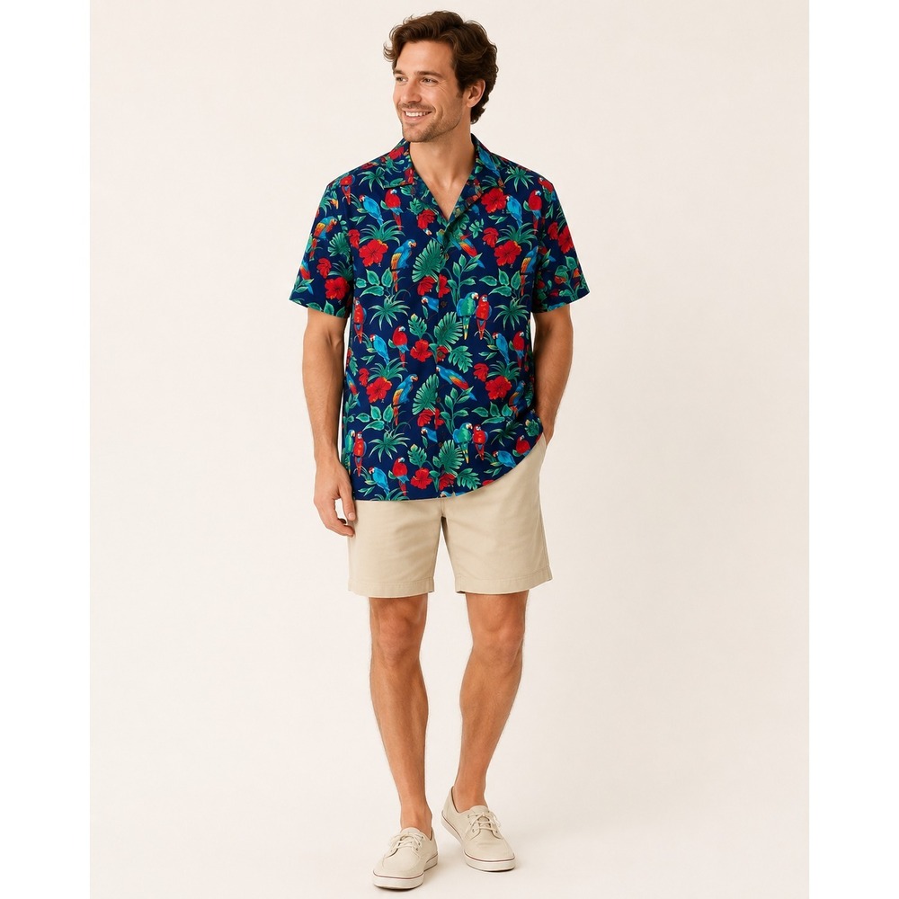 Styled by RJC Hawaii Button Front Shirt Men XL Blue Floral Parrot Cotton Vintage
